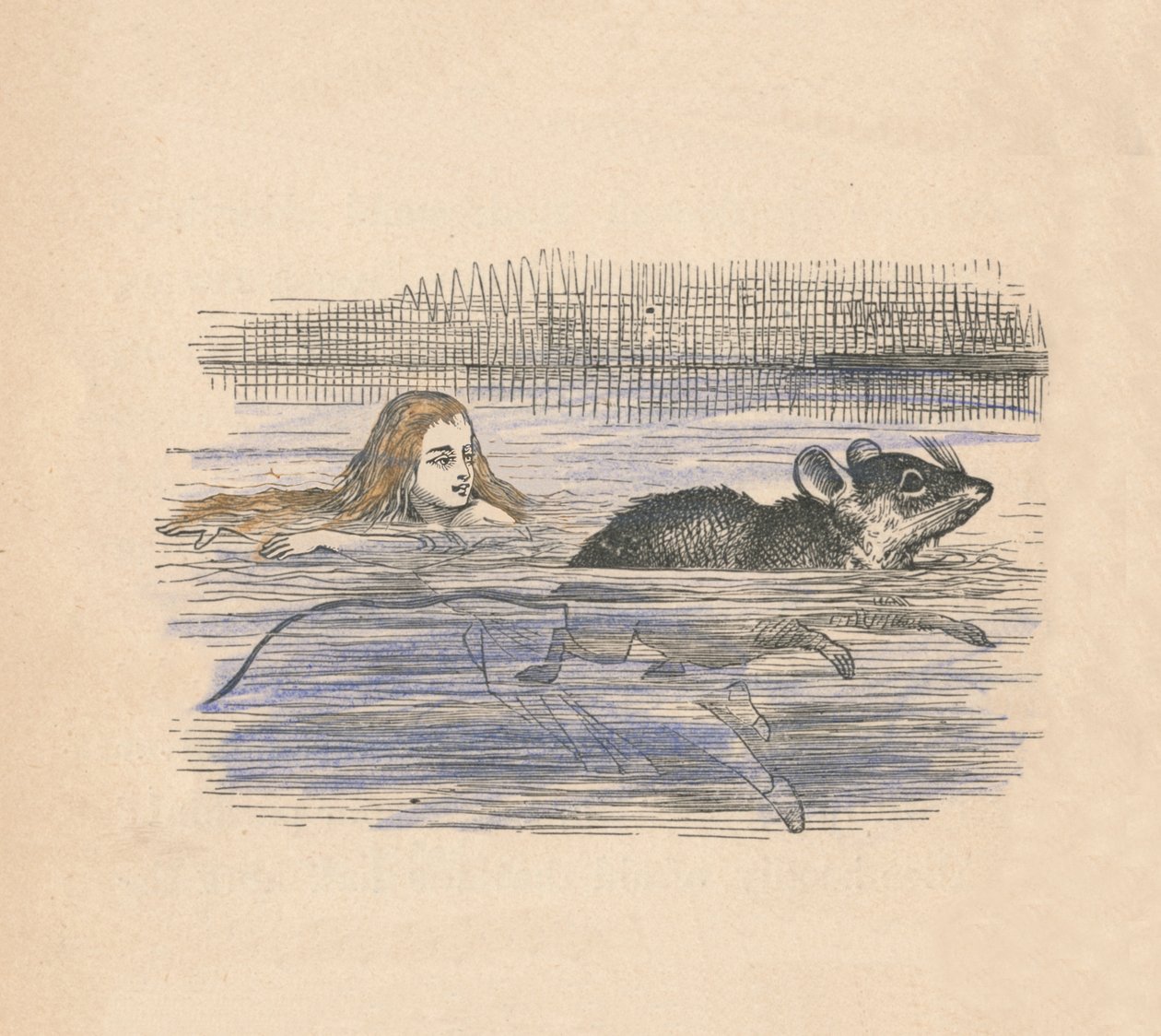 Alice nageant avec une souris dans une piscine, 1889 - John Tenniel