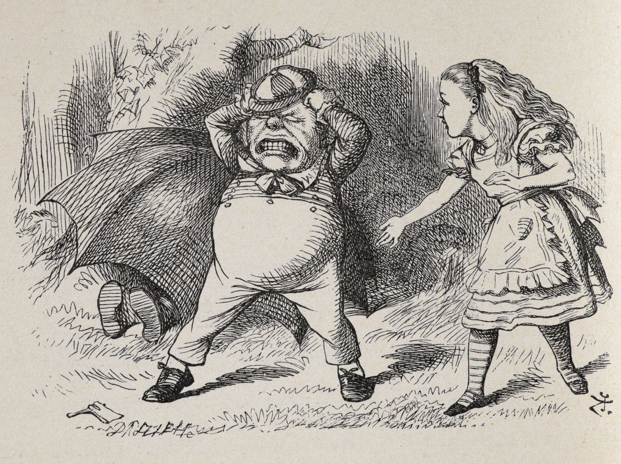 Alice avec Tweedledum en colère et Tweedledee caché - John Tenniel