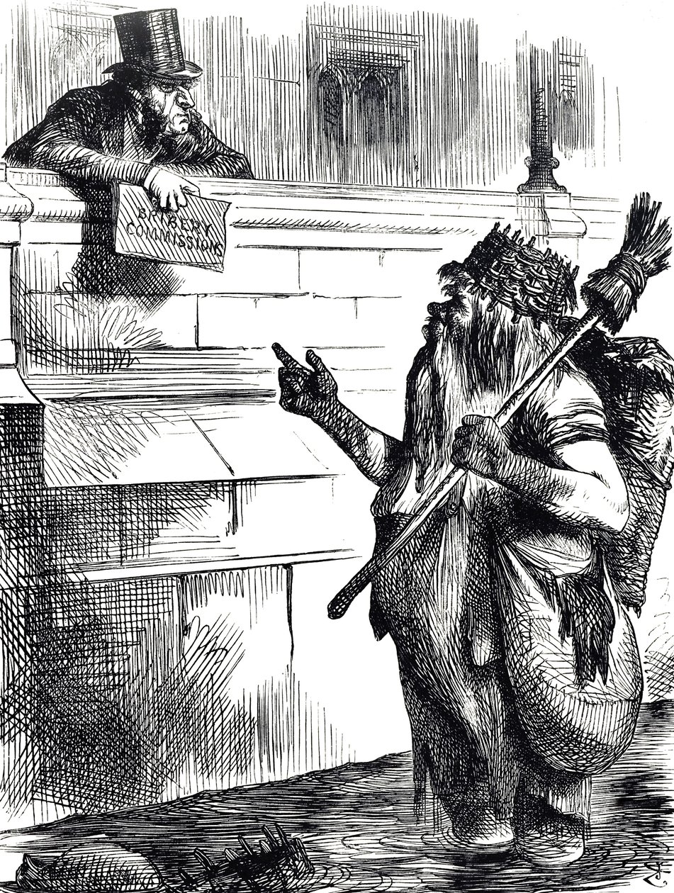 Dessin animé commentant la saleté de la Tamise et les enquêtes sur la corruption lors des élections à Great Yarmouth, Reigate et Lancaster - John Tenniel