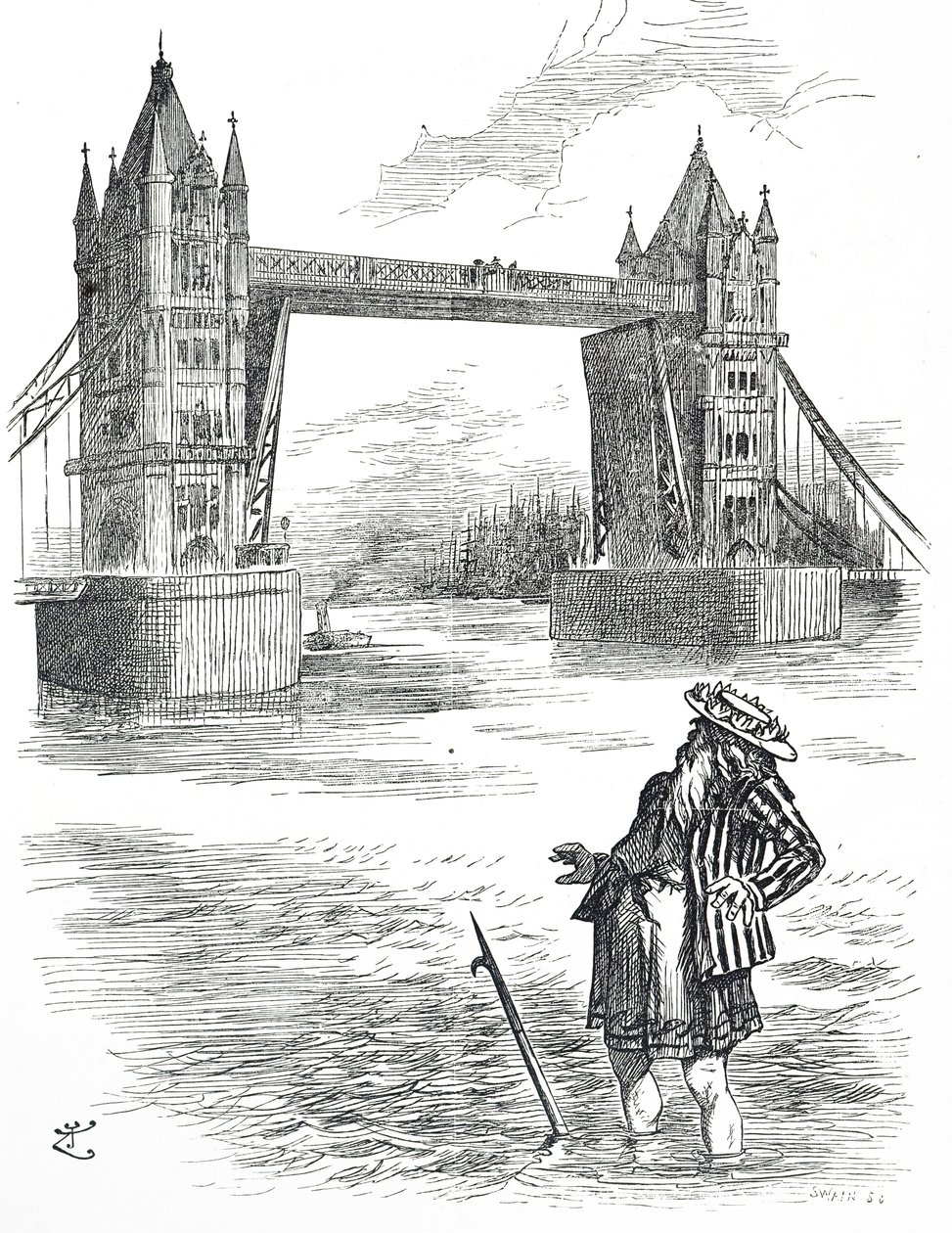 Dessin humoristique représentant le Père Thames admirant Tower Bridge, Londres - John Tenniel