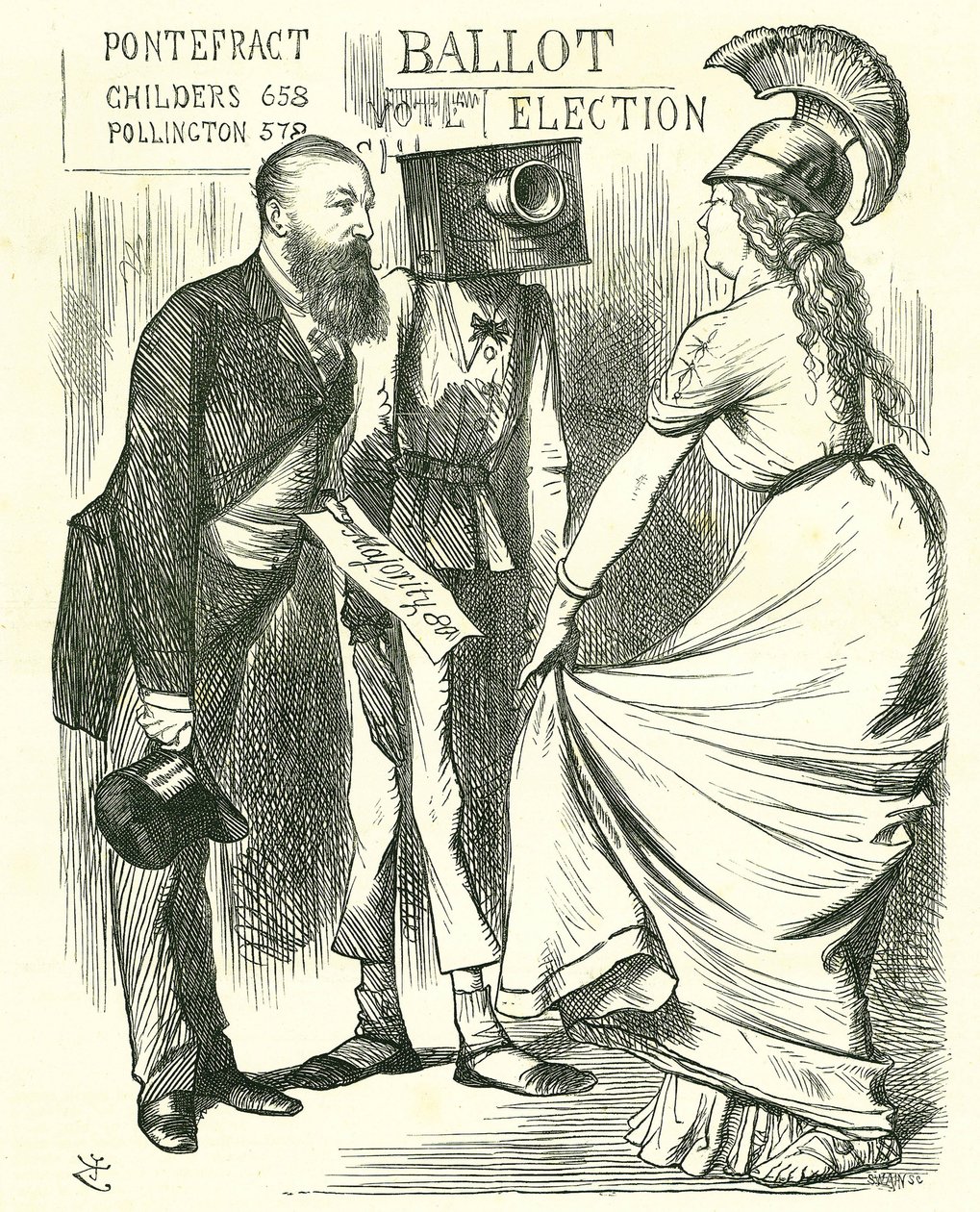 Hugh Childers (1827-1896) parlementaire britannique, informant Britannia du succès de la nouvelle urne électorale. Caricature de John Tenniel dans 