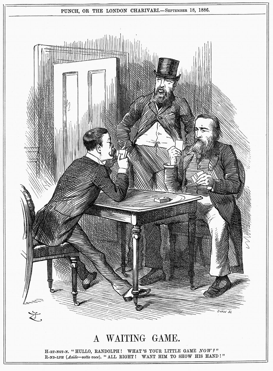 Lord Randolph Churchill (à gauche) essayant de faire montrer à Charles Stewart Parnell, homme politique irlandais, ses intentions et de faire savoir à Churchill et Hartington comment il utilisera les votes parnellites qu
