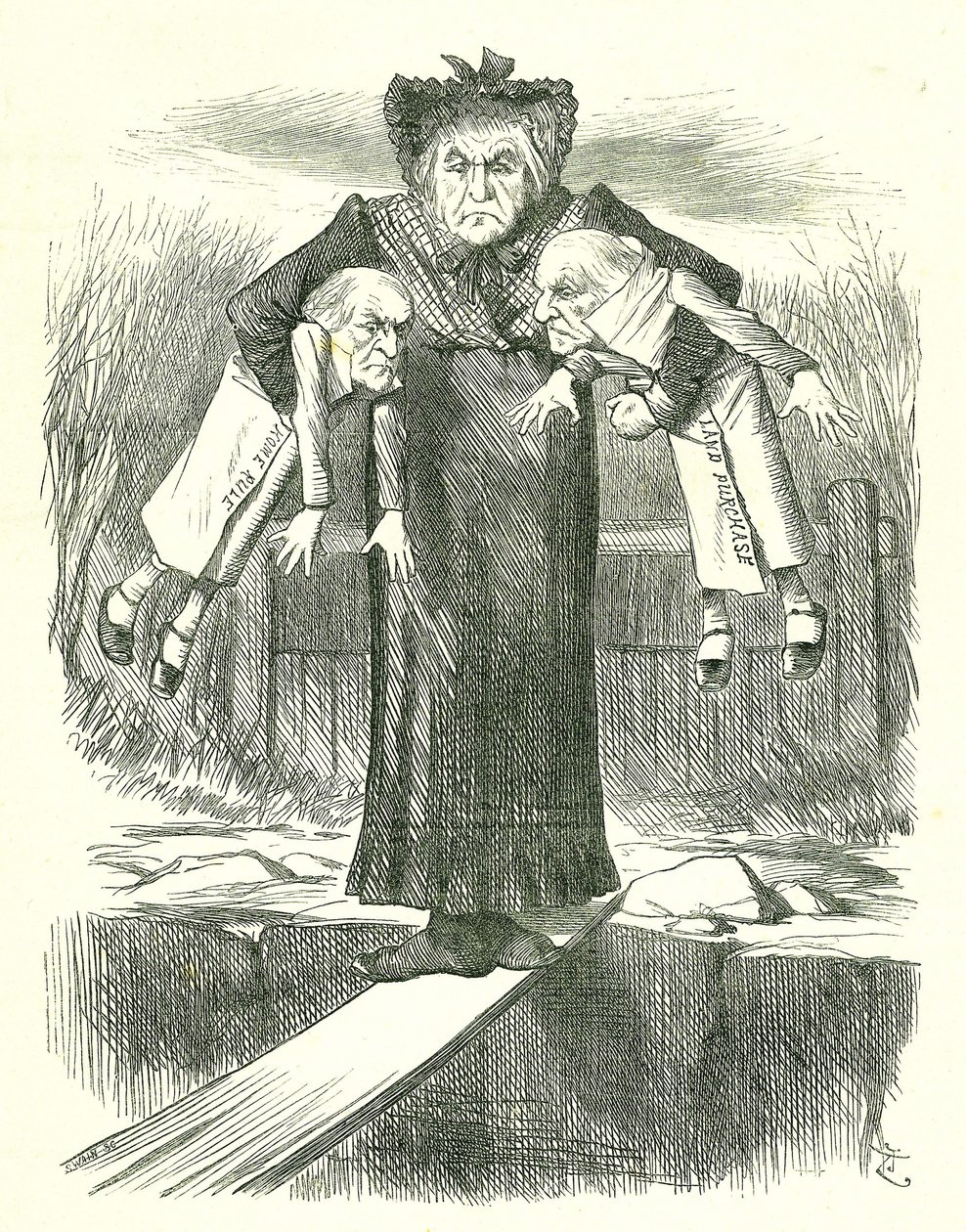 Déposer deux, et en porter un.?: Gladstone, le Premier ministre britannique, dans un dilemme sur lequel des projets de loi irlandais controversés abandonner. Caricature de John Tenniel de Punch, Londres, 3 avril 1886. - John Tenniel