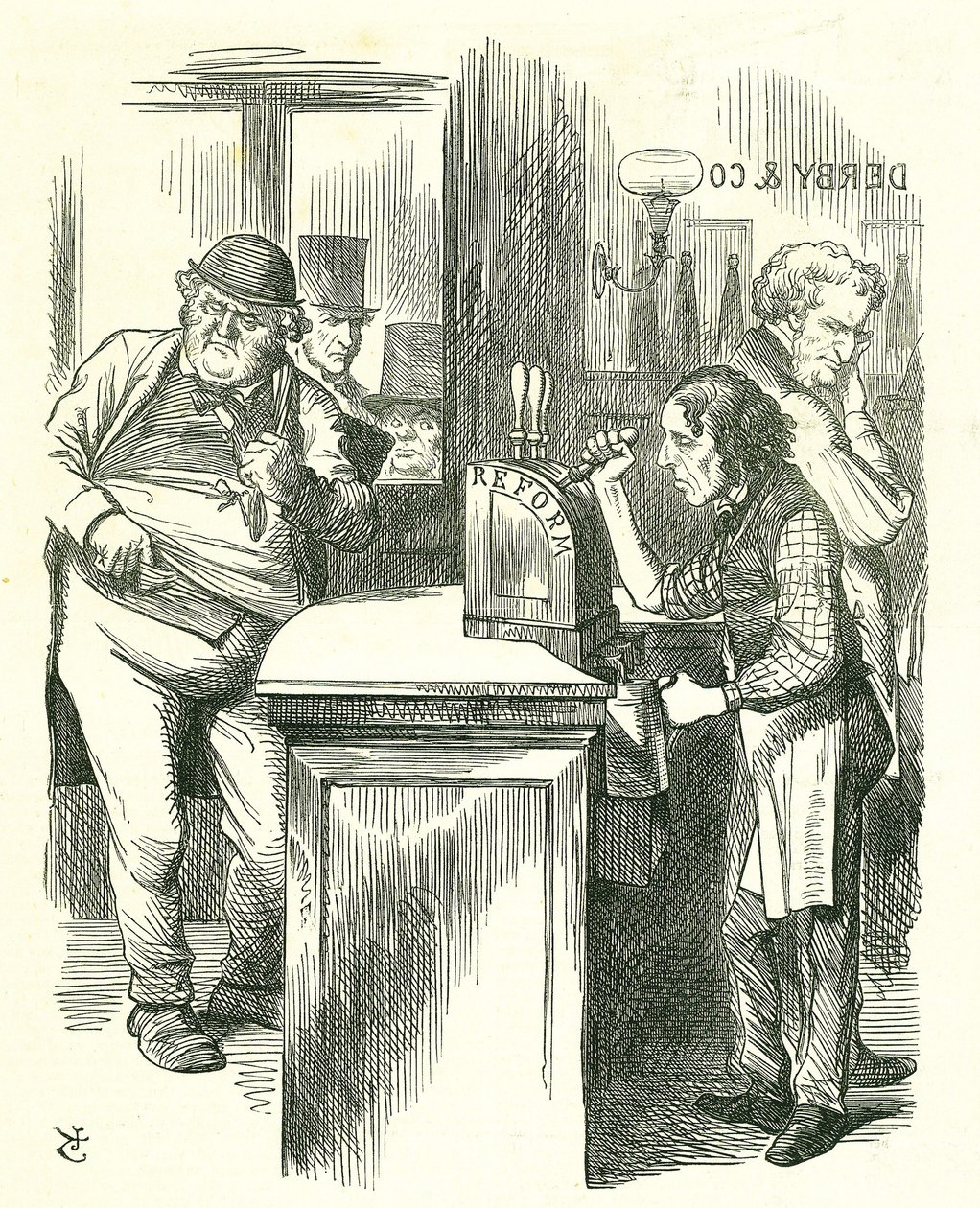 Le garçon honnête : Réforme du Parlement - extension du droit de vote. Disraeli servant la réforme à John Bull sous le regard de son opposition parlementaire. Il a introduit et fait adopter son projet de loi sur la réforme. Caricature de Tenniel de Punch,  - John Tenniel