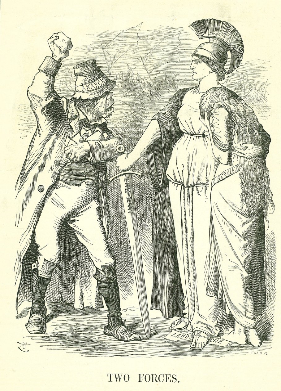 Deux forces : Ligue agraire irlandaise interdite. Britannia protège Hibernia (Irlande) avec la force de la loi contre la force de l