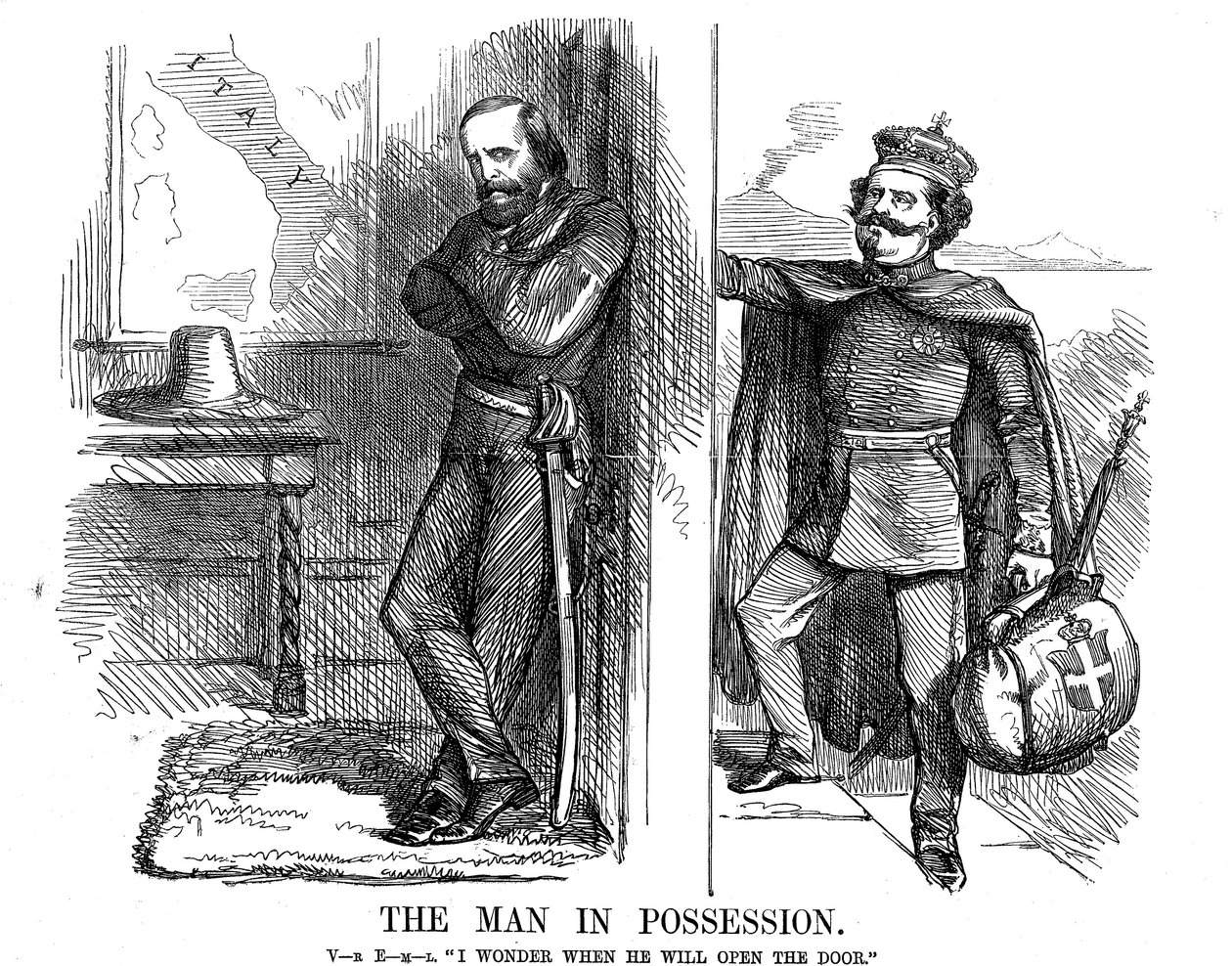Victor Emmanuel II frappant à la porte de Naples, 1861 - John Tenniel