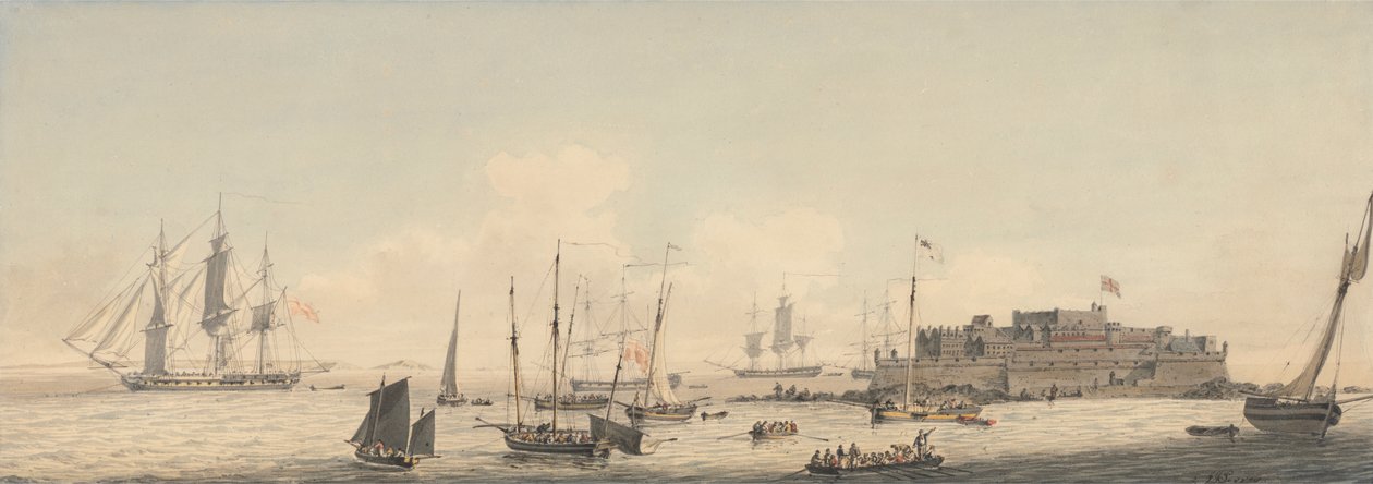 Vue du château Cornet, Guernesey, îles Anglo-Normandes, avec des navires - John Thomas Serres