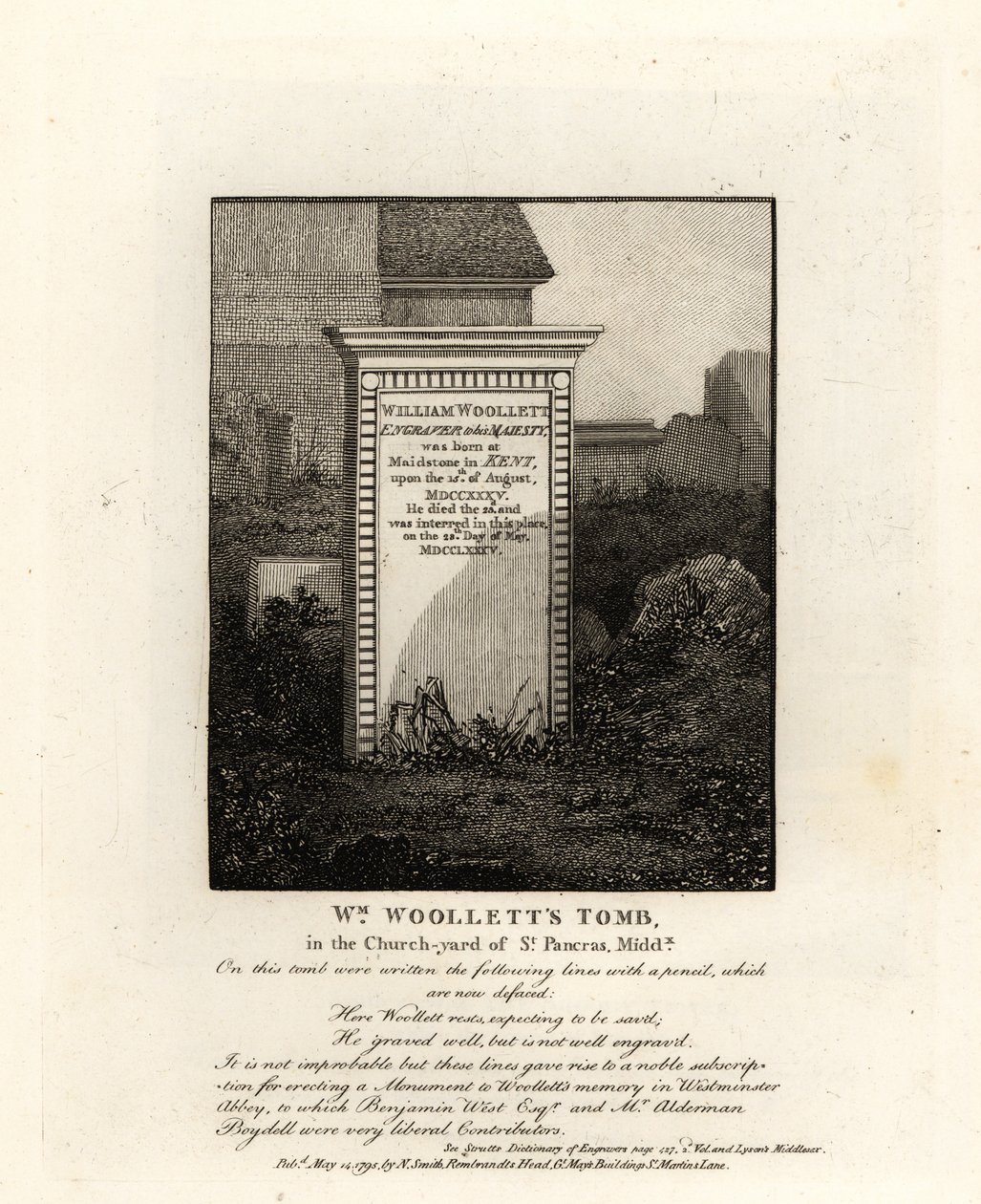 Tombe du graveur royal William Woollett, décédé en 1735, dans le cimetière de St Pancras, Middlesex - John Thomas Smith