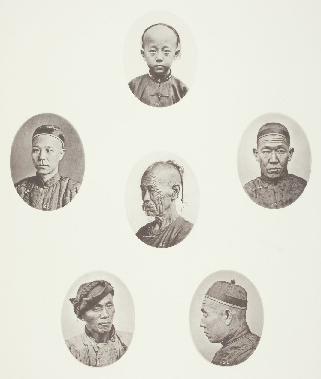 Garçon cantonais; Marchand cantonais; Tête masculine mongole; Une tête vénérable; Un travailleur; Tête masculine mongole - John Thomson