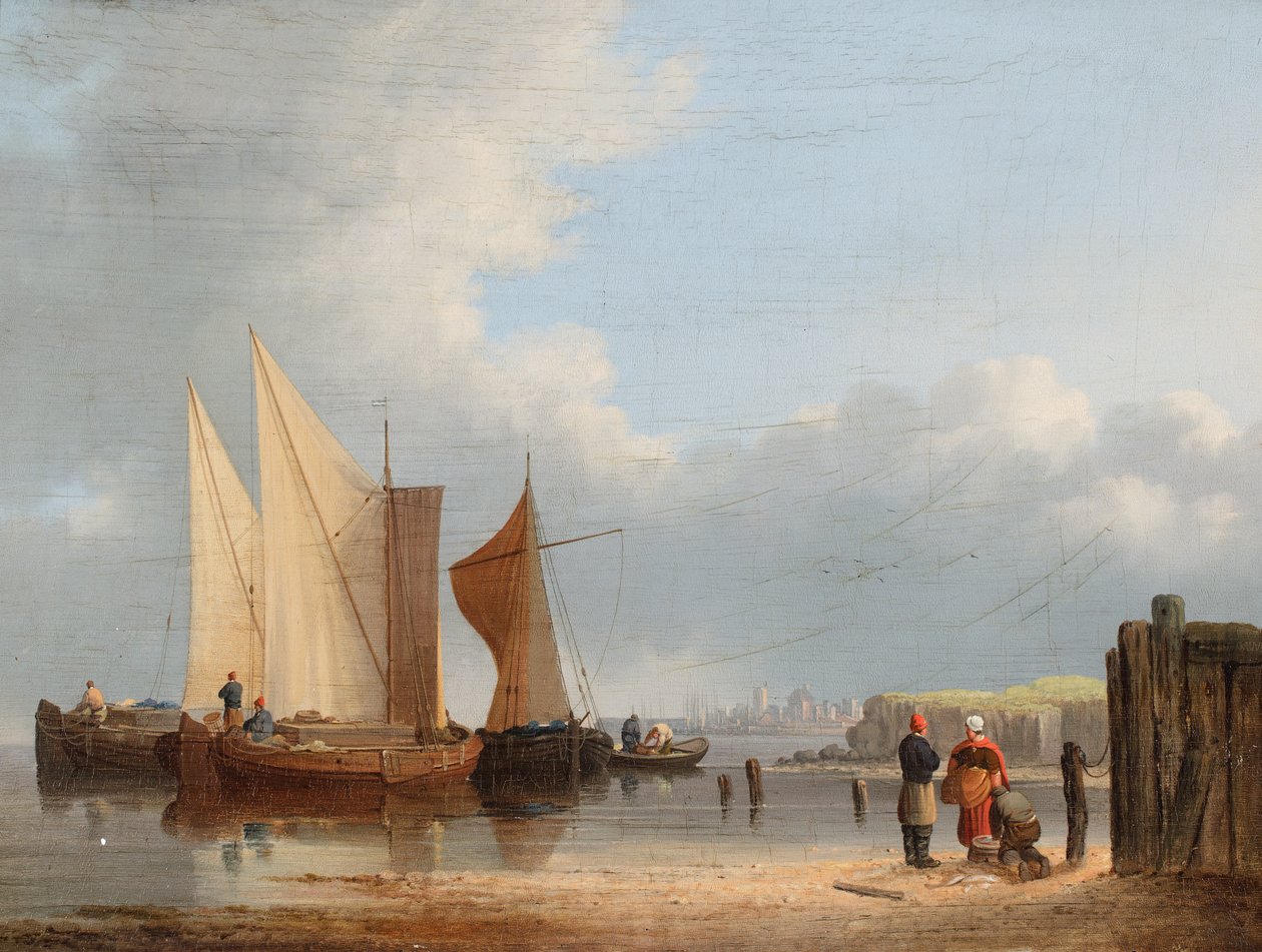 Bateaux hollandais dans le calme (huile sur panneau) - John Ward