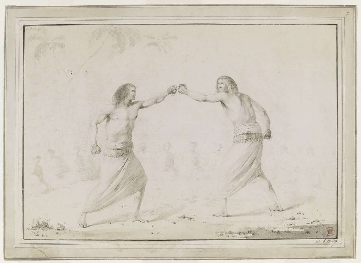 (Dessin complet) Deux hommes boxant, avec des spectateurs assis en demi-cercle et des palmiers esquissés en arrière-plan - John Webber