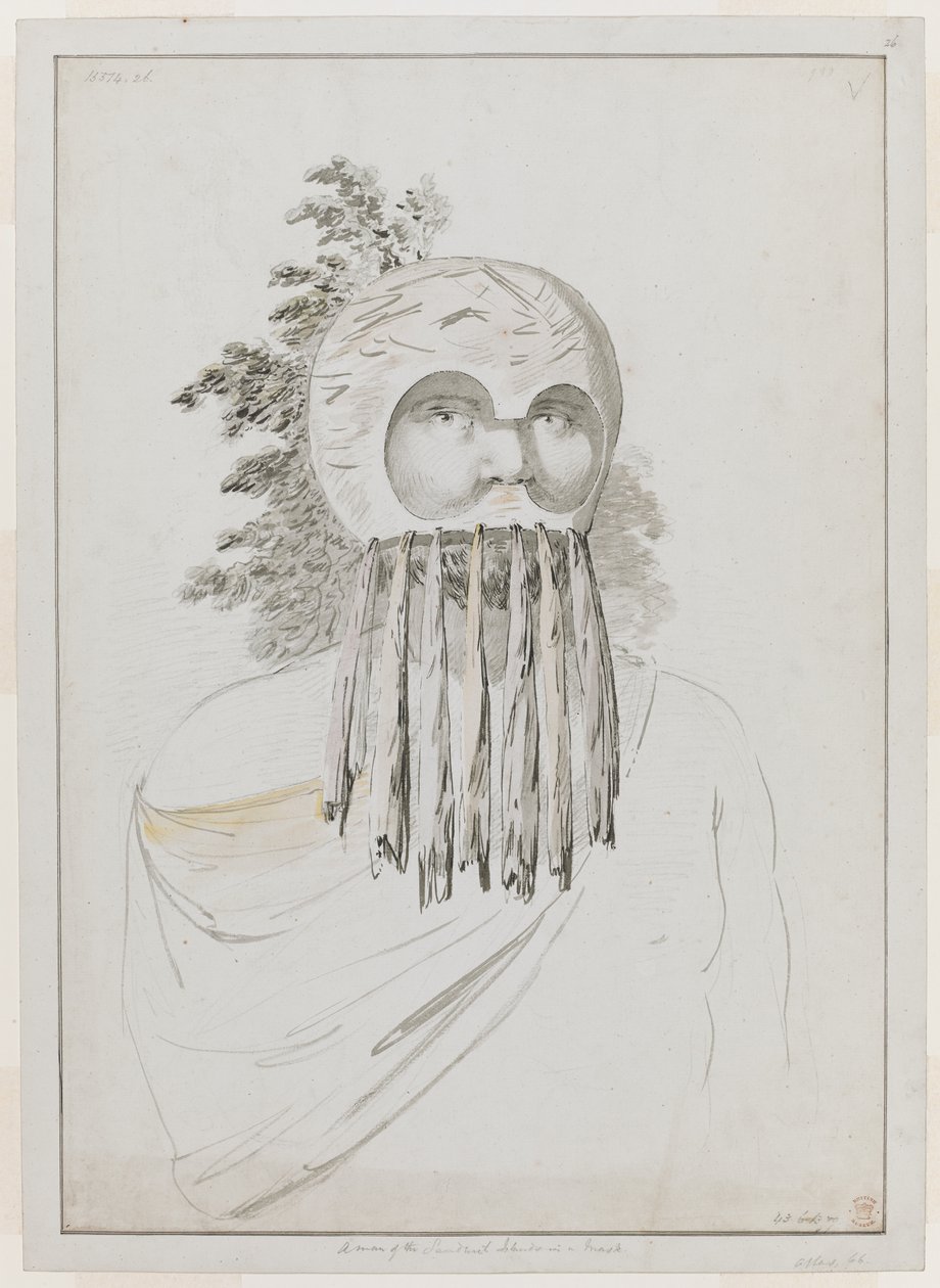 Un homme des îles Sandwich avec un masque. Un homme des îles Sandwich avec un masque consistant en une coiffe en bol avec des découpes pour les yeux. - John Webber