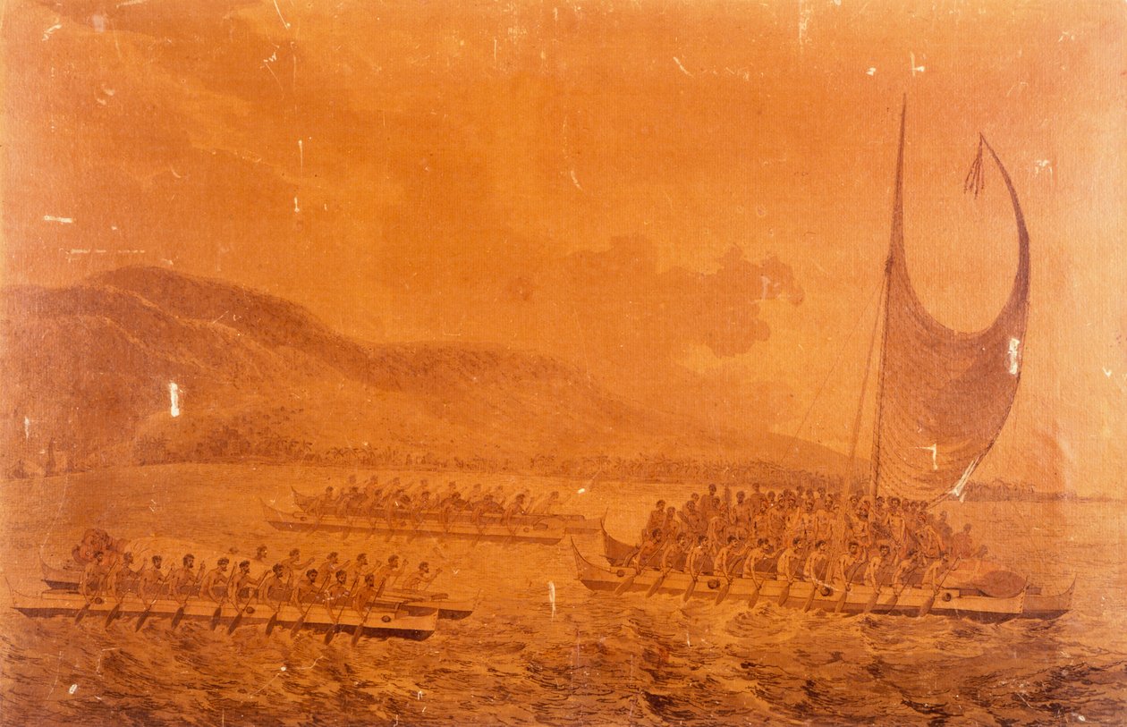 Canoës allant à la rencontre du capitaine James Cook - John Webber