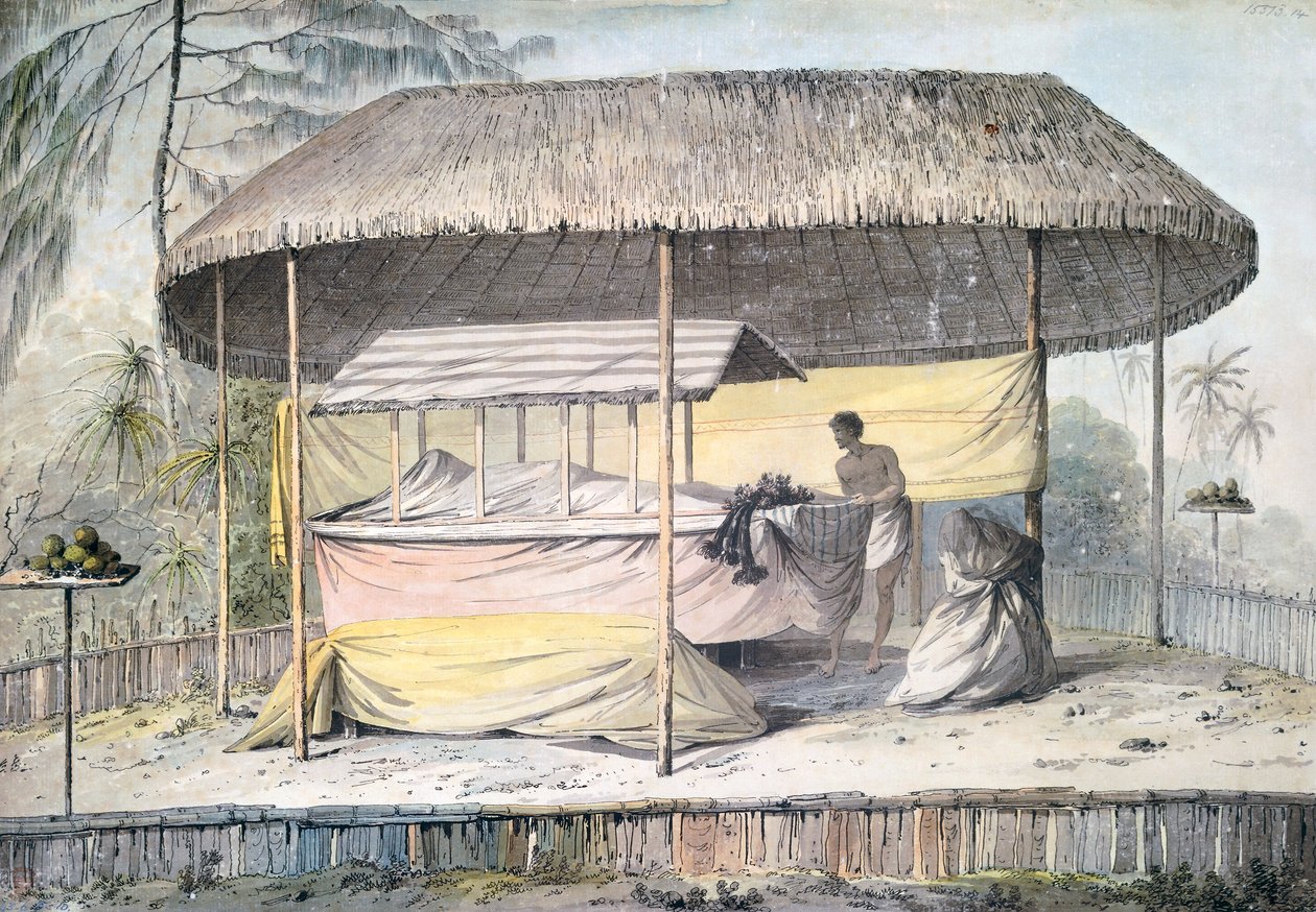 Funérailles avec défunt sous un dais, Tahiti, Îles de la Société - John Webber