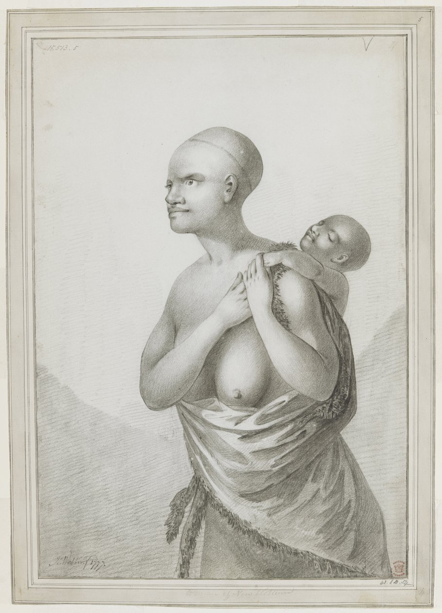 [Dessin entier] Une femme tasmanienne portant un enfant sur son dos, avec une peau en bandoulière de son épaule gauche autour de sa taille. Janvier 1777 - John Webber