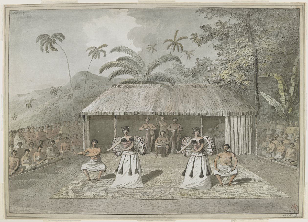 [Dessin complet] Une danse ou heiva à Otaheite [Tahiti]. Deux hommes et deux femmes dansant, avec des batteurs derrière, et des spectateurs de chaque côté. Septembre 1777 - John Webber