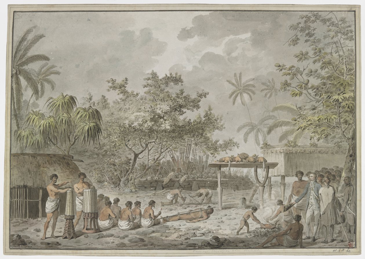 [Dessin complet] Sacrifice humain au grand morai à Attahouroo [Utuaimahurau], Tahiti, observé par le capitaine Cook le 1er septembre 1777. Une figure liée au premier plan, avec des hommes creusant un trou pour le corps derrière, et le whatta contenant deux - John Webber