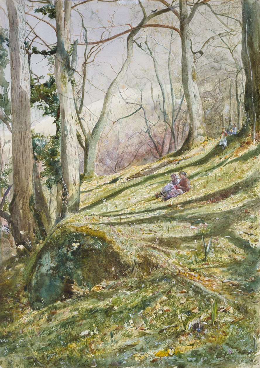 Pente boisée avec quatre figures, milieu XIXe siècle - John William Inchbold