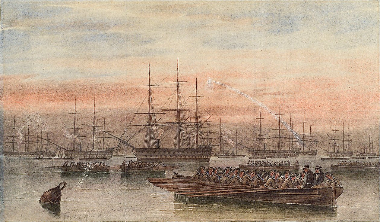 La flotte baltique la nuit avec des bateaux au premier plan - John Wilson Carmichael