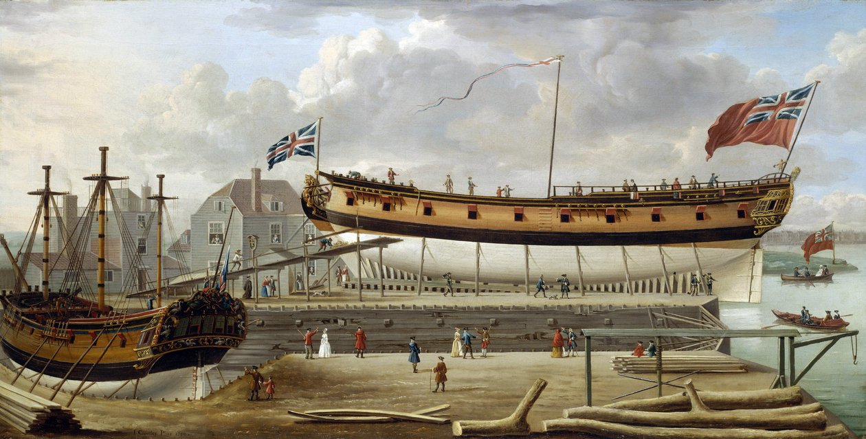 Un navire de sixième rang, un navire de guerre de la Royal Navy britannique, en cale sèche, probablement dans le chantier naval de Rotherhite, sur la rive sud de la Tamise - John the Elder Cleveley