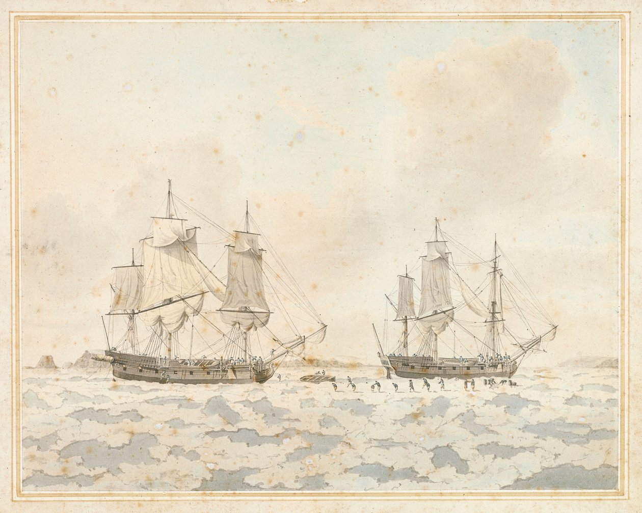Les navires britanniques Racehorse et Carcass, pris dans la glace lors d
