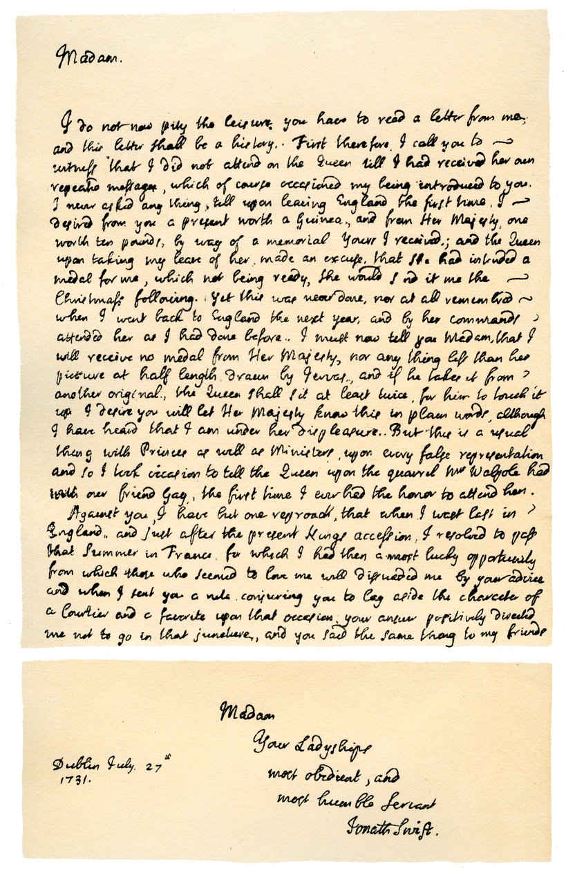Lettre de Jonathan Swift à Henrietta Howard, 21 novembre 1730 - Jonathan Swift