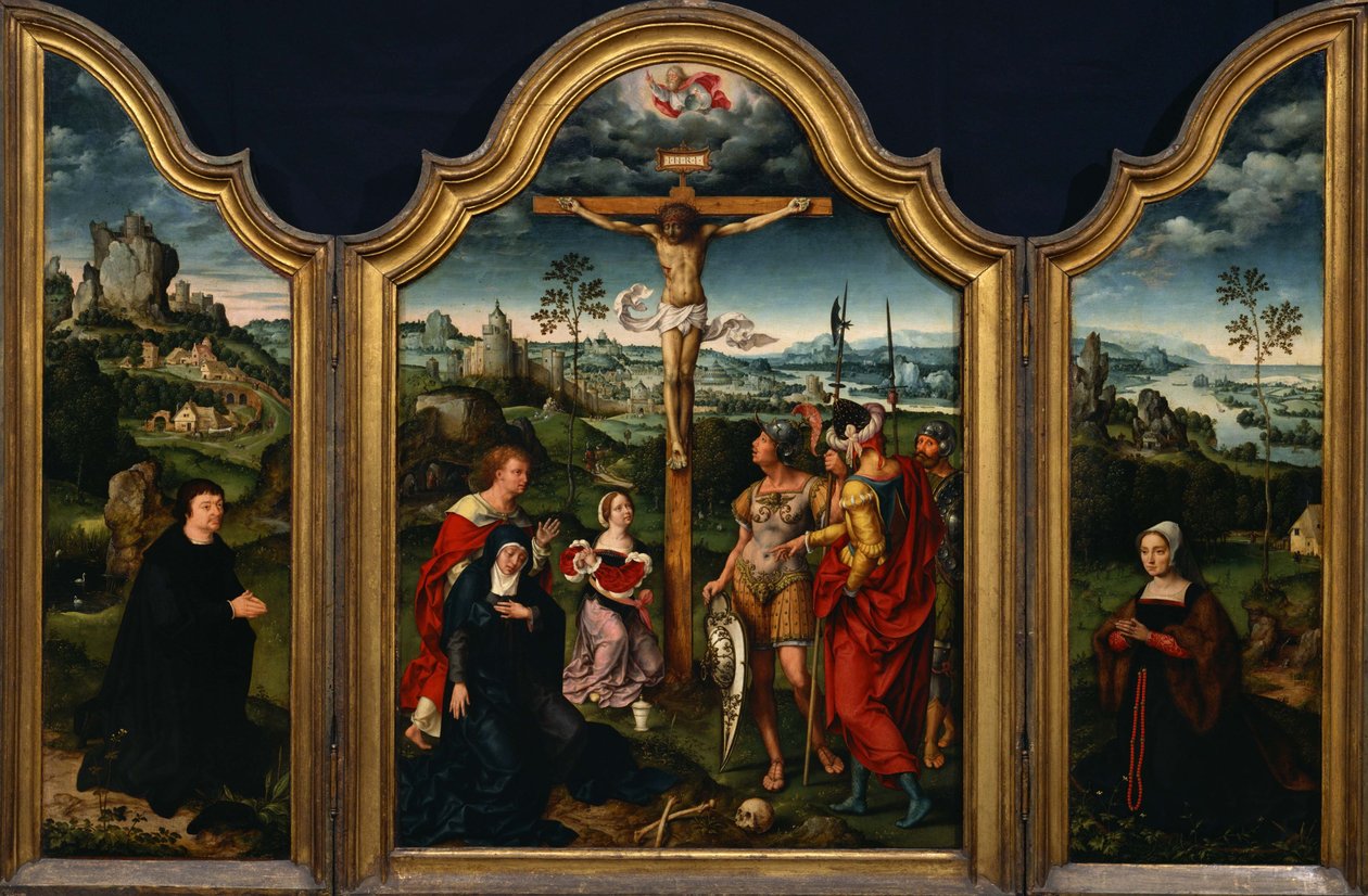 Triptyque : La Crucifixion flanquée du donateur agenouillé et de sa femme - Joos van Cleve
