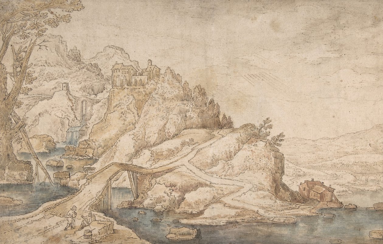 Paysage Vallonné avec Rivière, Pont et Maisons avec Deux Personnages à Gauche - Joos de Momper the Younger.