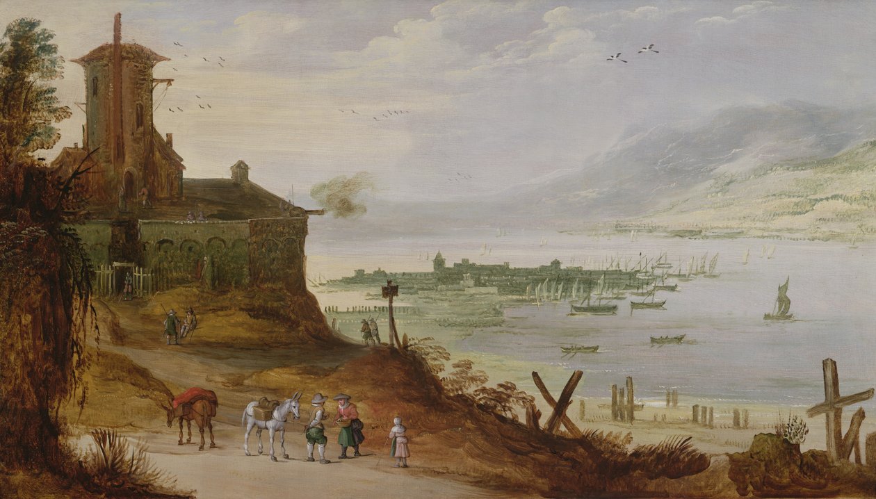 Ville sur une colline surplombant un port - Joos or Josse de Momper