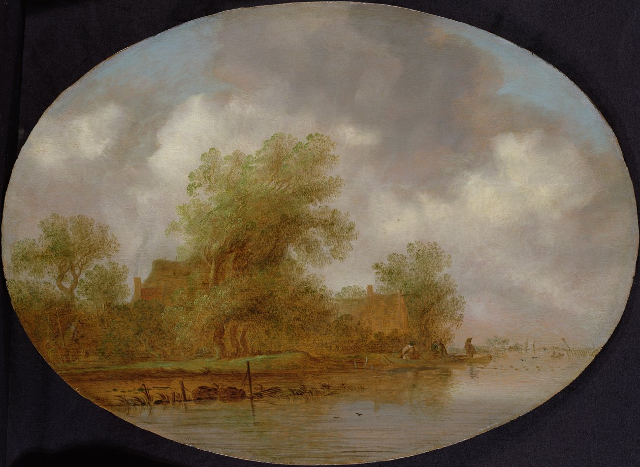 Paysage fluvial avec pêcheurs tirant des filets - Joost de Volder