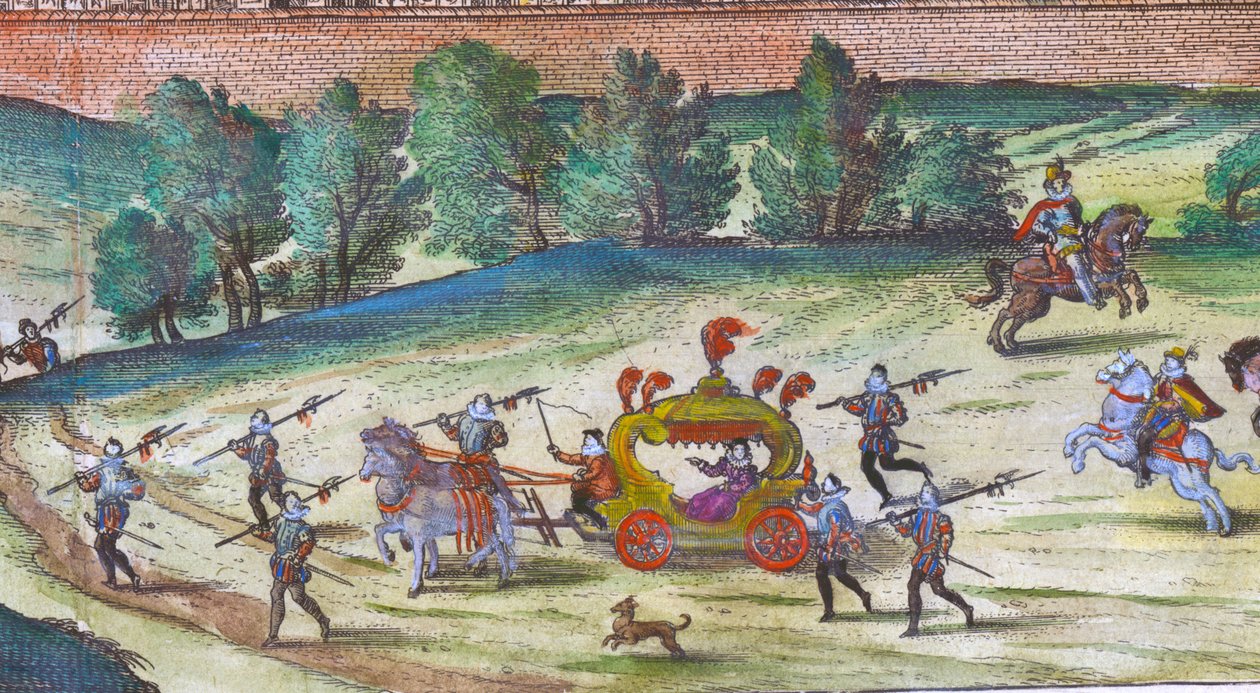 Arrivée de la reine Élisabeth I à Nonesuch Palace avec ses courtisans, gardes et chiens, 1598 (détail) - Joris Hoefnagel