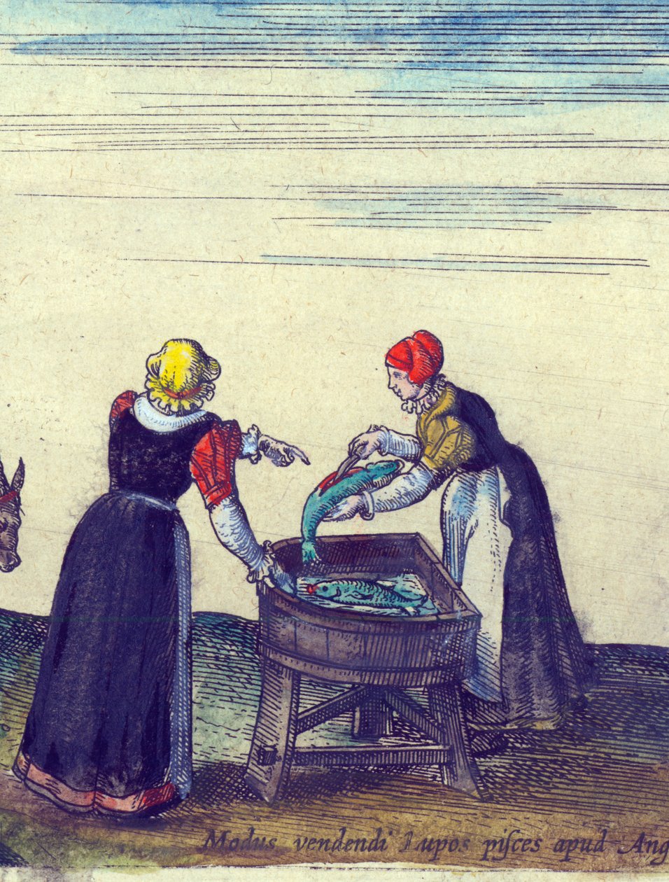 Poissonnières vendant et éviscérant des brochets, 1598 (détail) - Joris Hoefnagel