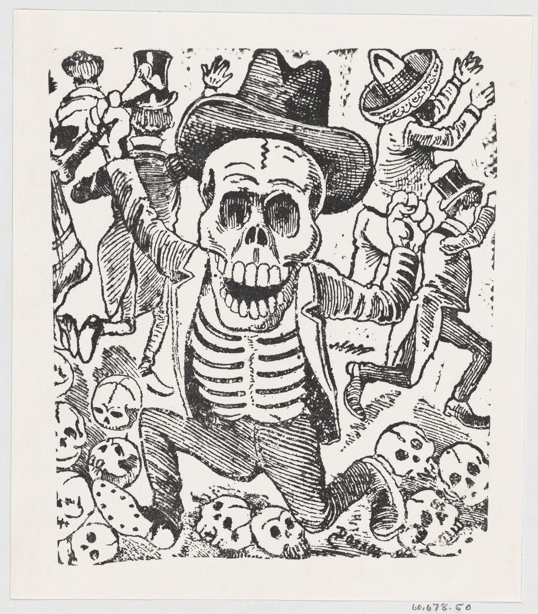 Un squelette tenant un os et sautant par-dessus un tas de crânes tandis que les gens fuient, vers 1907 - José Guadalupe Posada