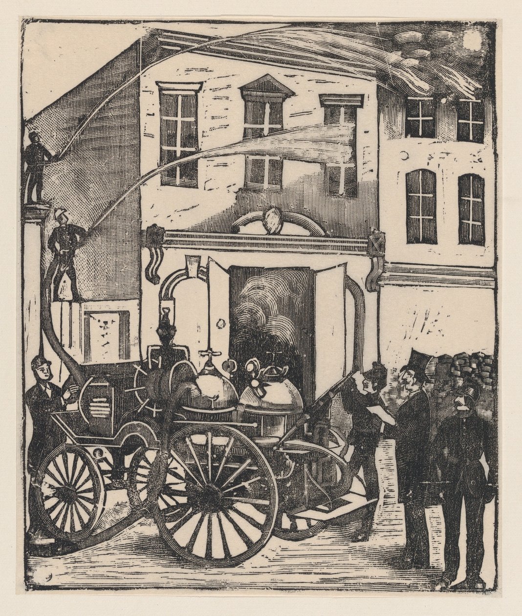 Pompiers éteignant un incendie dans une maison, camion de pompiers au premier plan, vers 1880-1910 - José Guadalupe Posada