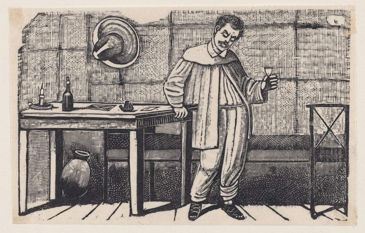 Un homme tenant un verre à la main, regardant vers le bas et s