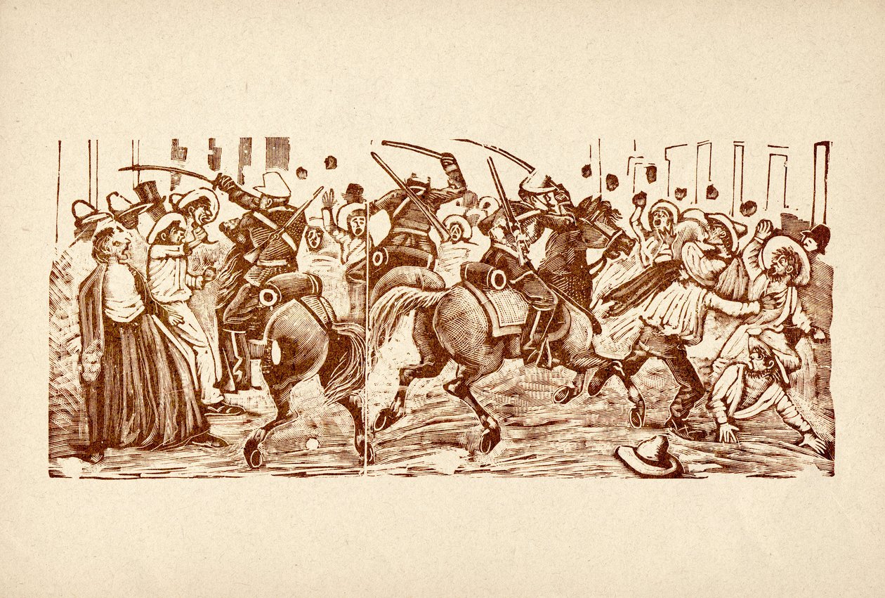 José Guadalupe POSADA (1852-1913) : manifestation au Mexique sévèrement réprimée par la police pendant la dictature de Diaz (Jose de la Cruz Porfirio Diaz Mori - Jose Guadalupe Posada