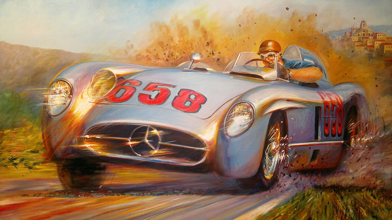 En la Mille Miglia, Juan Manuel Fangio, Mercedes Benz 300 SL - Jose Maria Villafuerte