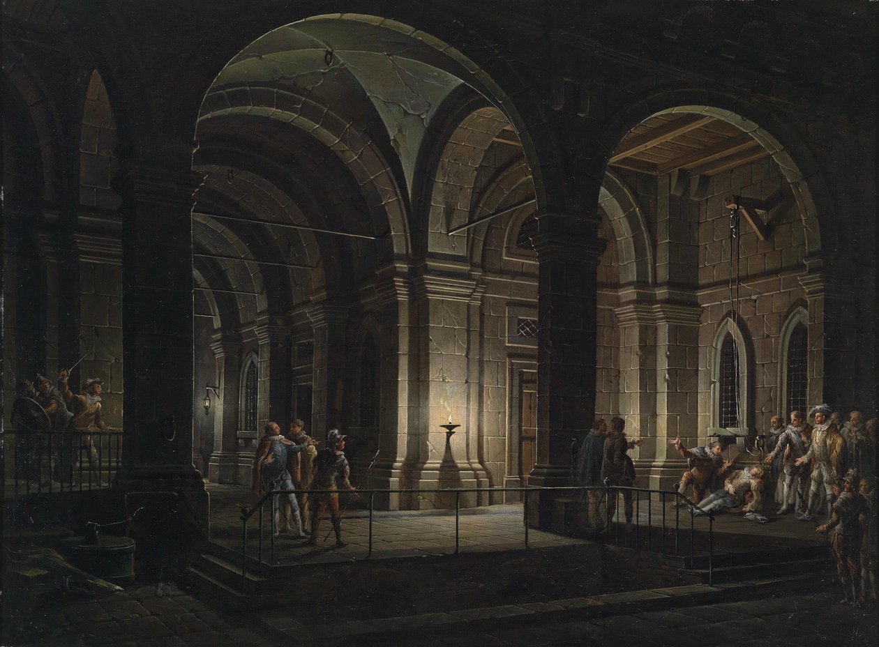Architecture fantastique de prison avec des personnages en costume du 17ème siècle - Josef Platzer