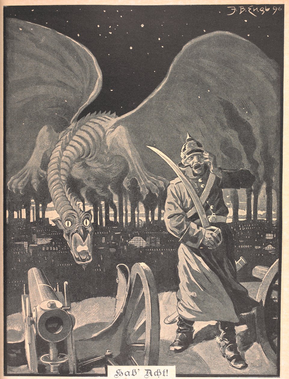 Dessin pour le poème "Comme la nuit". Un dragon produit par la fumée des usines, derrière un soldat allemand. Une scène surréaliste - Josef Benedikt engl