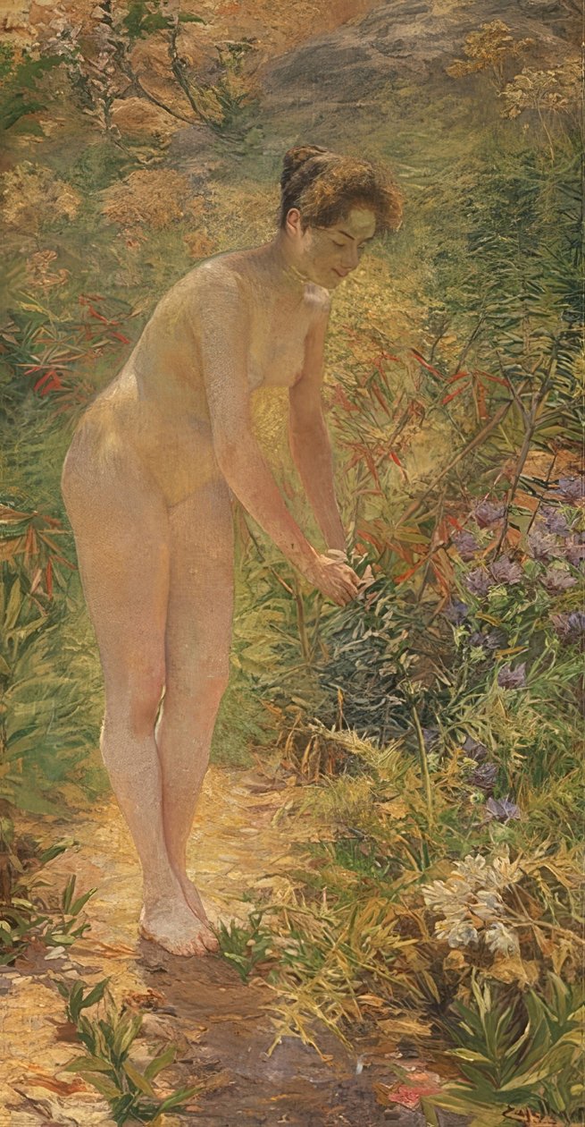Acte féminin debout dans le jardin. Vers 1900 - Josef Engelhart