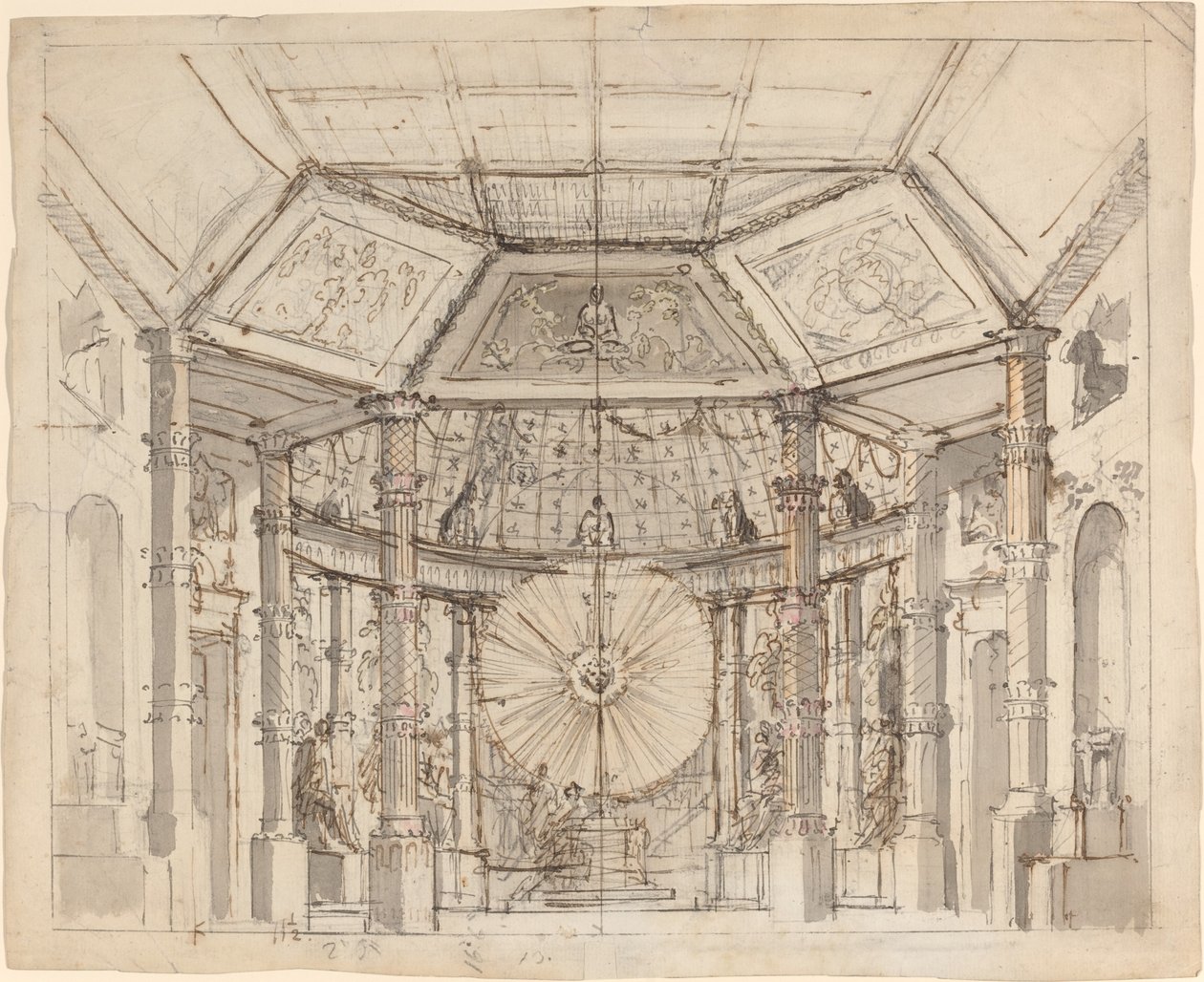 Décor de scène pour un temple à dôme avec un disque solaire au-dessus de l