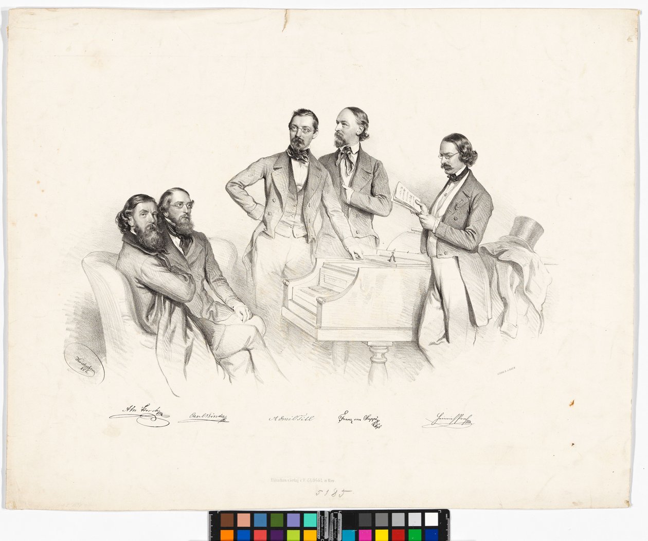 Portrait de groupe : Anton Storch, Carl Binder, Anton Emil Titl, Franz von Suppé, Heinrich Proch - Josef Kriehuber