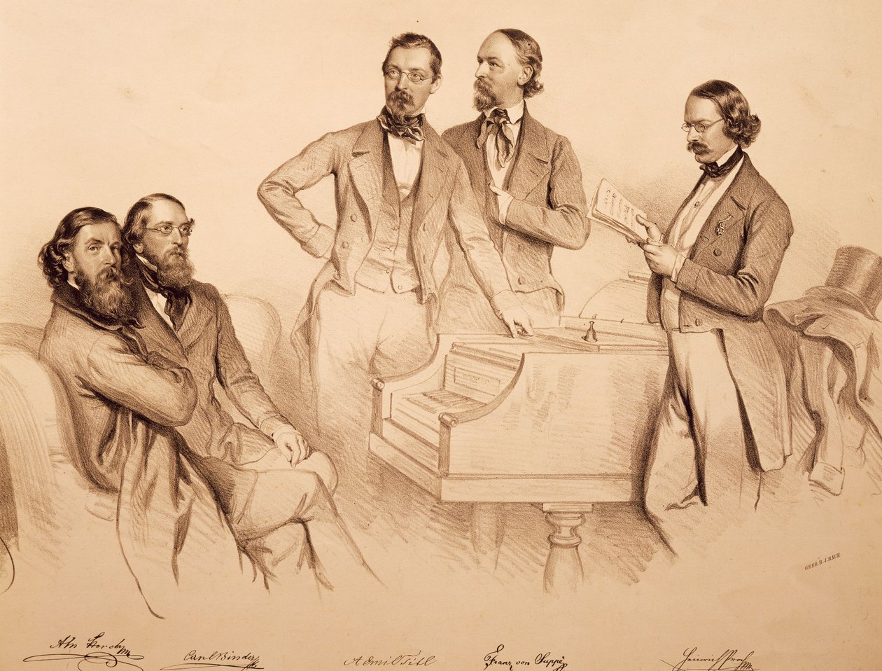 Portrait de groupe de musiciens viennois et compositeur: Franz von Suppé, Carl Binder, Anton Storch, Heinrich Proch et Anton Emil Titl - Josef Nikolaus Kriehuber