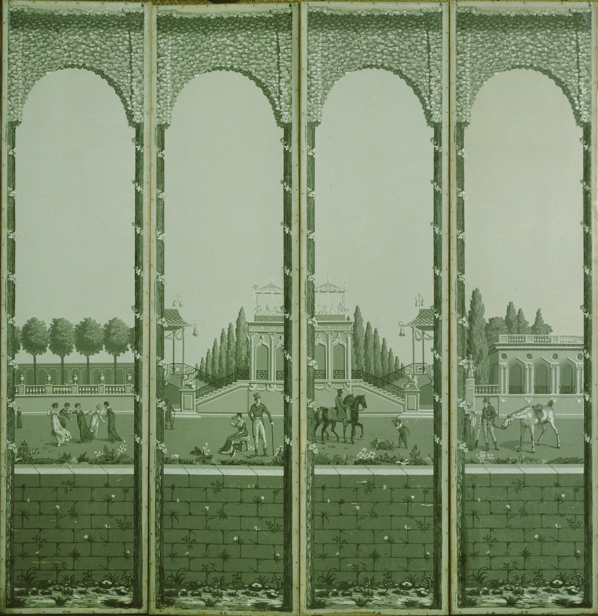Paravent monochrome imprimé en bloc représentant des figures dans un jardin ornemental - Joseph Dufour