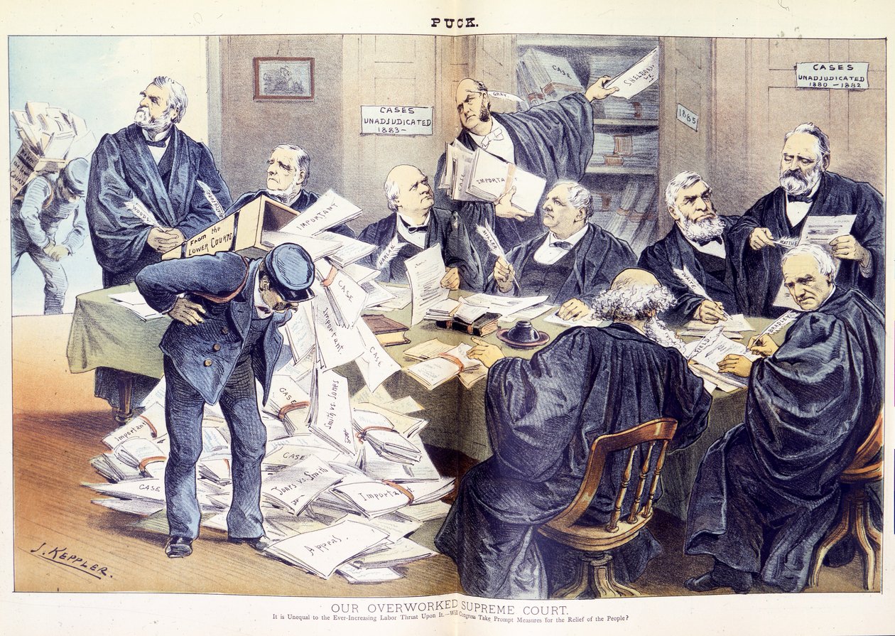 Notre Cour suprême surchargée : elle est incapable de faire face au travail toujours croissant qui lui est imposé - le Congrès prendra-t-il des mesures rapides pour soulager le peuple, 1885 - Joseph Keppler
