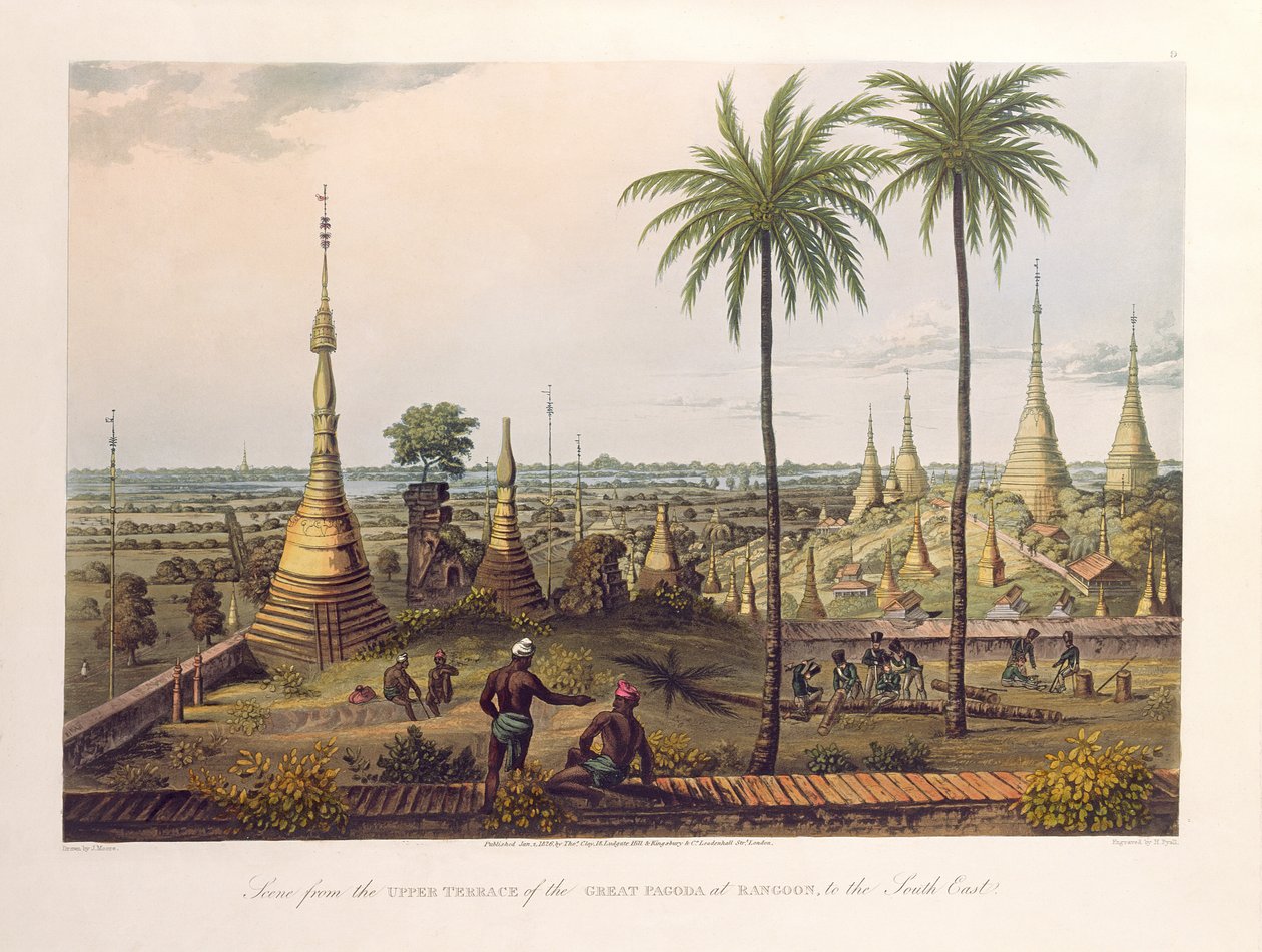 Scène de la terrasse supérieure de la Grande Pagode à Rangoon, vers le sud-est, gravée par H. Pyall, pub. par Kingsbury und Co., 1826 (aquatinte colorée) - Joseph Moore