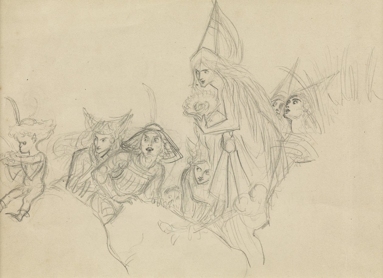 Figures médiévales regardant un elfe - Joseph Noel Paton