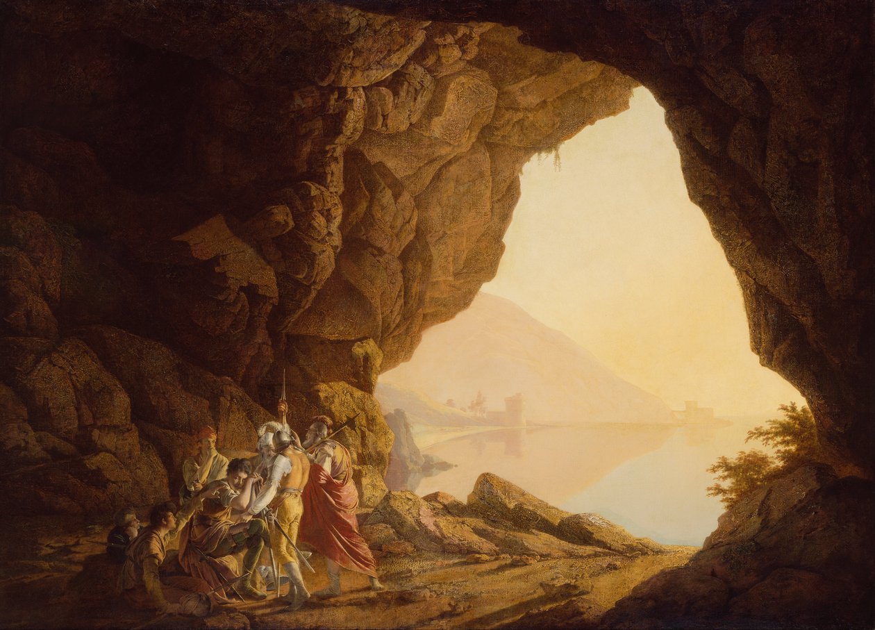 Grotte au bord de la mer dans le royaume de Naples avec des bandits, coucher de soleil - Joseph Wright of Derby