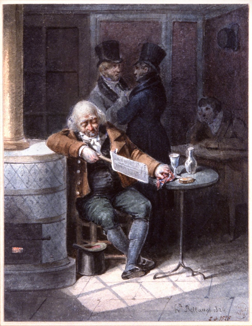 Vieil homme lisant un journal dans un café, Paris - Joseph Louis Hippolyte Bellange
