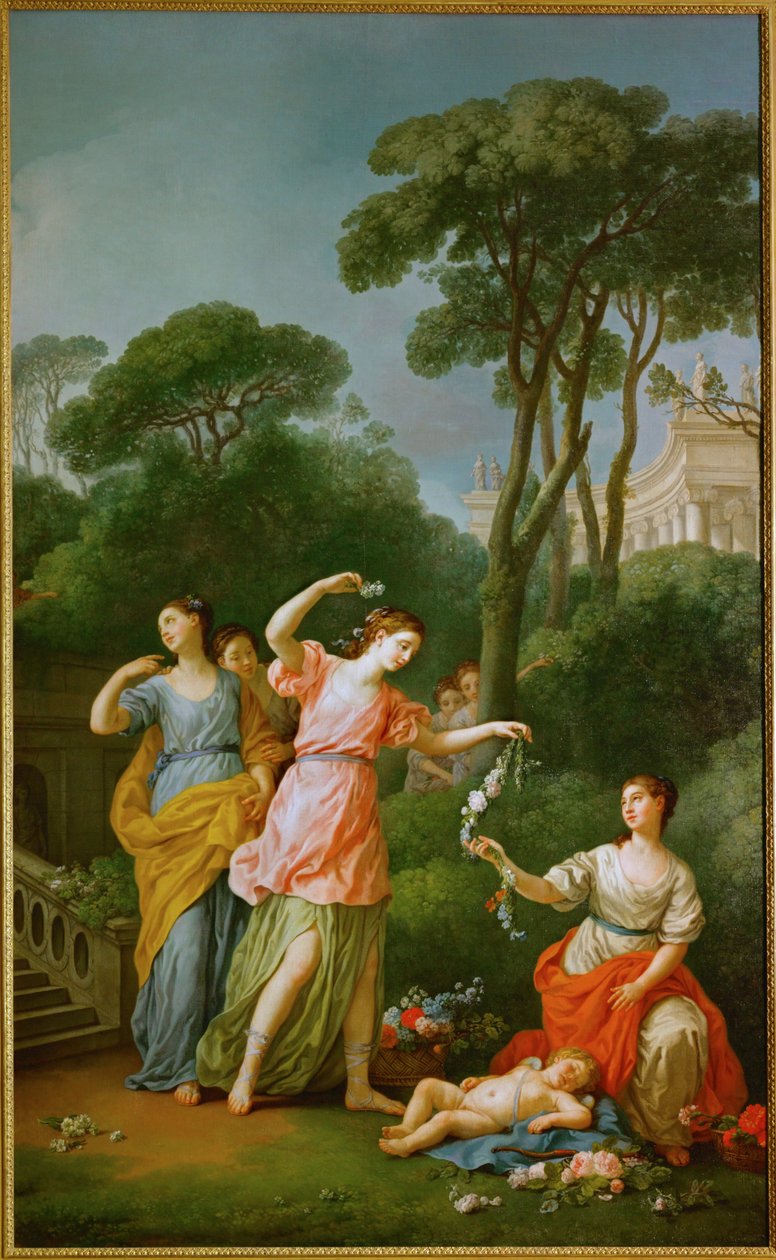 Jeunes filles grecques offrant des guirlandes à Amor endormi ... - Joseph Marie the Elder Vien